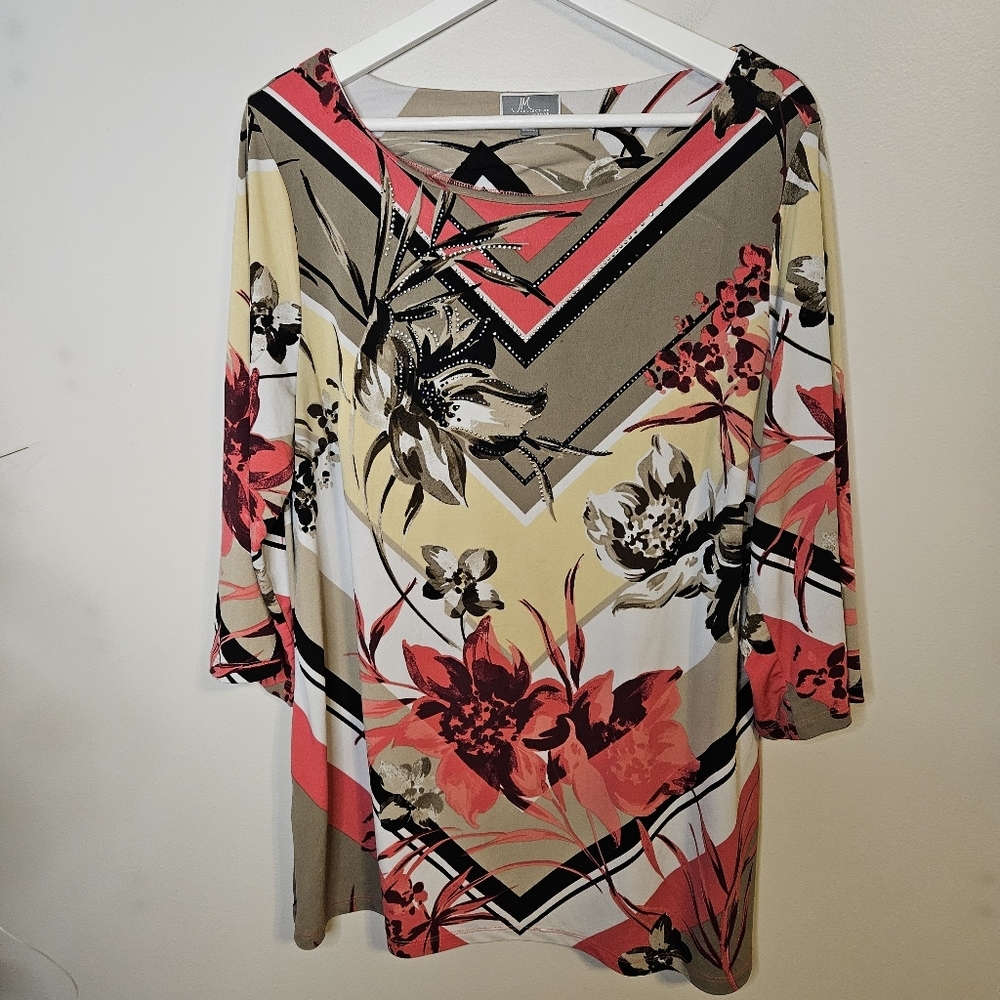 JM Collection Floral Chevron Print 3/4 Sleeve Top in Coral, Beige, White